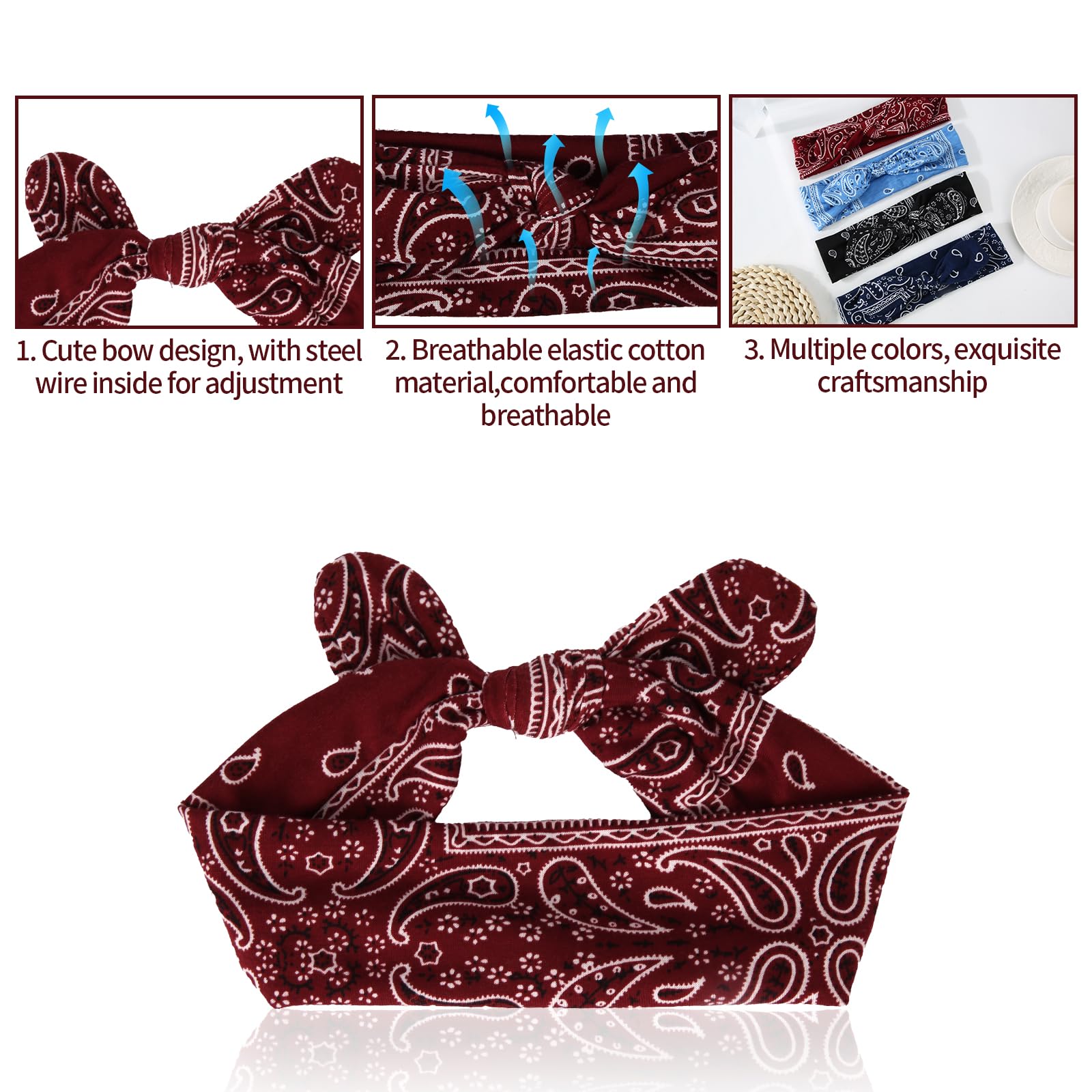 4pcs Knotted Bandana Headbands for Women Elastic Boho Bow Hair Wraps Head Bands Wraps Wide Headwraps Cute Hairbands for Women's Hair Accessories - Image 4