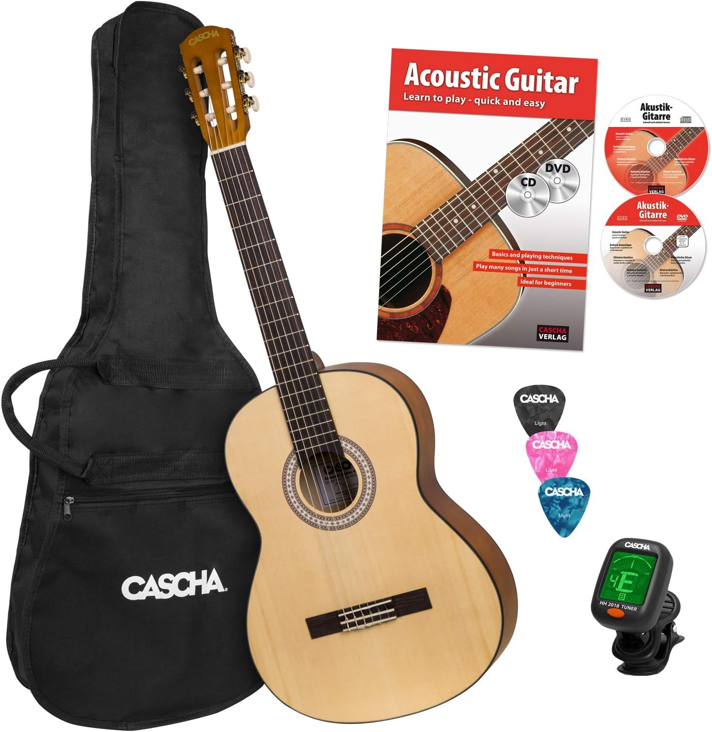 CASCHA Student Series 4/4 Classical Guitar Beginner Set, incl. book, tuner, gigbag/bag, 3 picks, classic children's guitar from 10 years for beginners, Classic Guitar, nylon strings