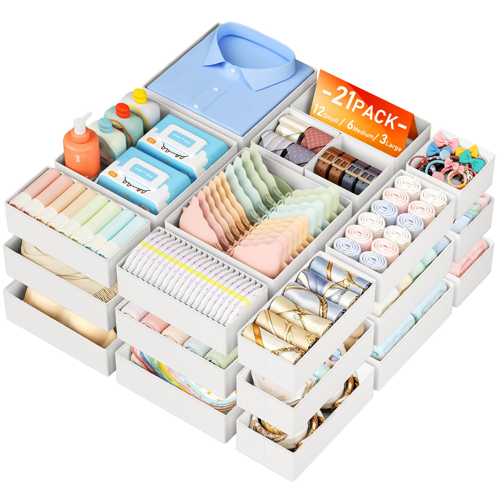 DIMJ Schubladen Ordnungssystem Schubladen Organizer - 21er Set Faltbare Aufbewahrungsbox Stoff, Unterwäsche Organizer Kleiderschrank für Babykleidung, Socken, Weiß