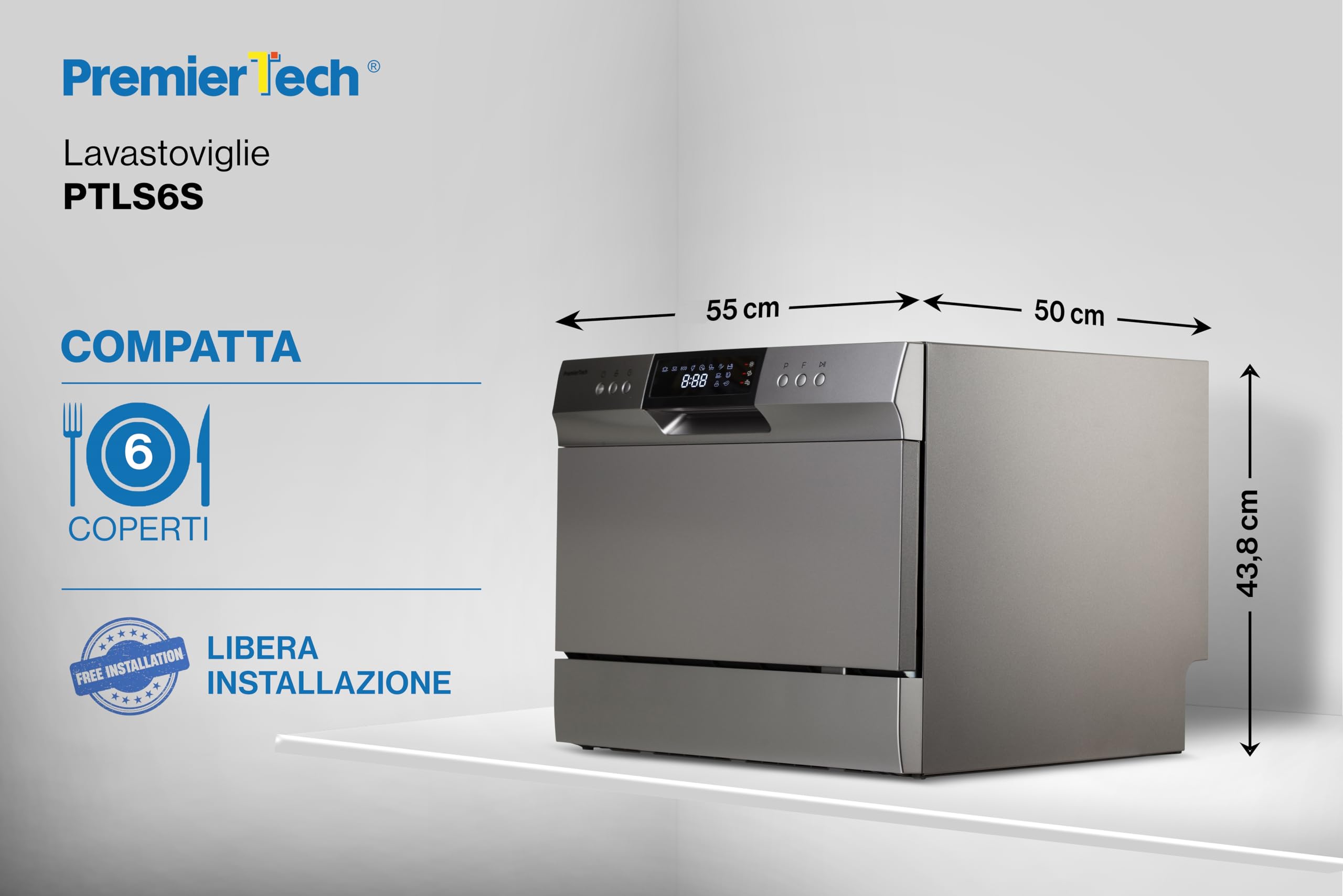 PremierTech Mini Lavastoviglie compatta da tavolo, Lavastoviglie 6 coperti, 8 programmi, Libera Installazione e Incasso, Da Appoggio, Display Led, Silver PTLS6S