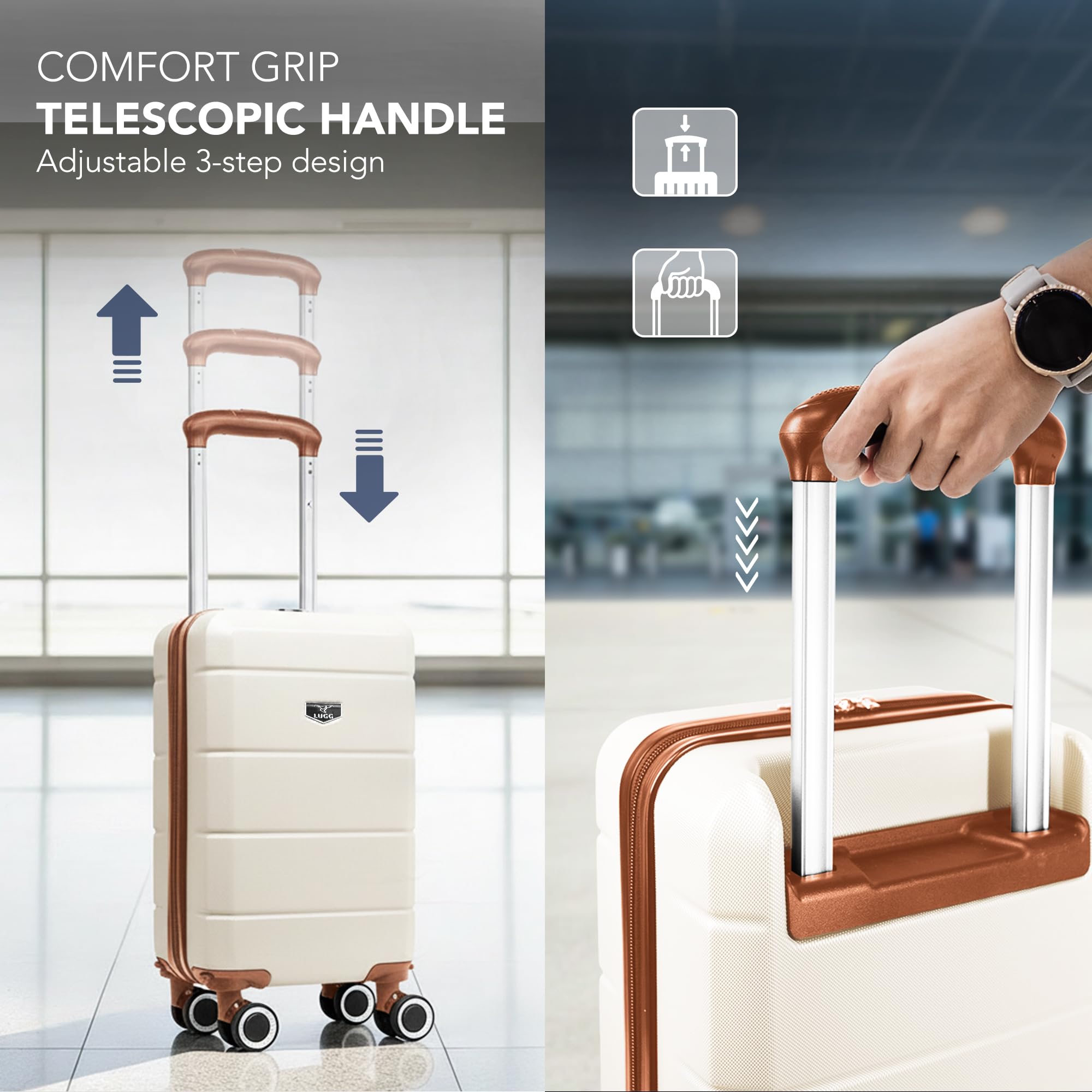 LUGG - Jetset 40cm Suitcase - 40x30x20cm- Ryanair Compatible - Underseat Size - Hard Shell ABS - Spinner & Removable Wheels - Lightweight Travel Luggage- Cream/Brown — view 7