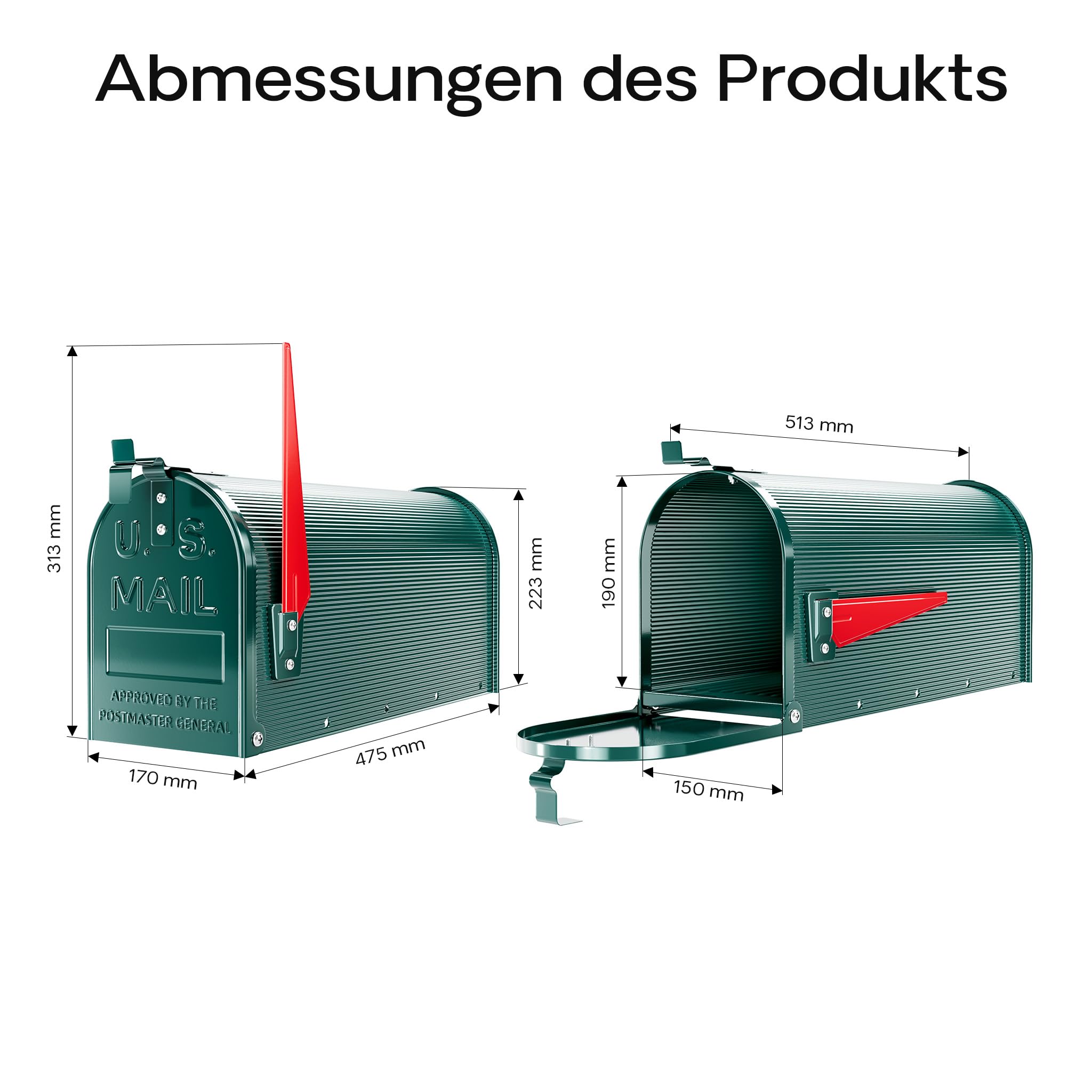 Wiltec US Mailbox grün 150 x 513 x 223 mm, amerikanischer Briefkasten mit Fahne, Wandbriefkasten oder Standbriefkasten Stahl amerikanisches Design