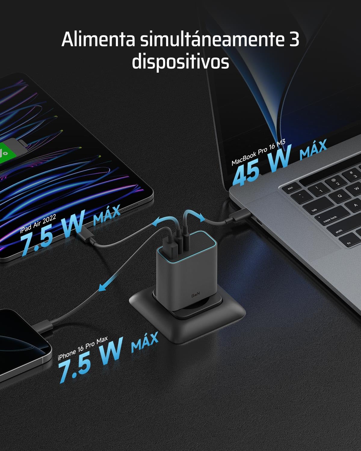 CUKTECH 65W Cargador USB C, 3 Puertos GAN III y PD3.0 Cargador iPhone Carga Rapida, Cargador Múltiple Compacto para MacBook Air/Pro, iPad Pro, iPhone 16/15/14/13, Samsung S24/S23, Xiaomi, Switch