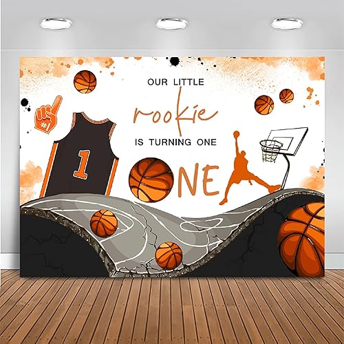 Mocsicka Telón de fondo con tema de baloncesto para el primer cumpleaños para niño, Our Little Rookie is Turning One, decoraciones de fiesta,
