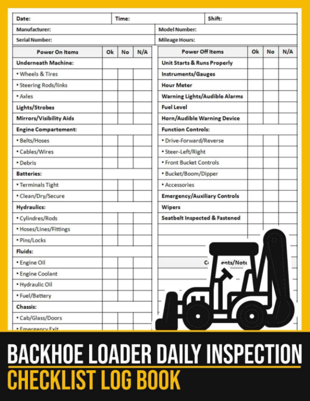 Buy Backhoe Loader Daily Inspection Checklist Log Book Backhoe Loader