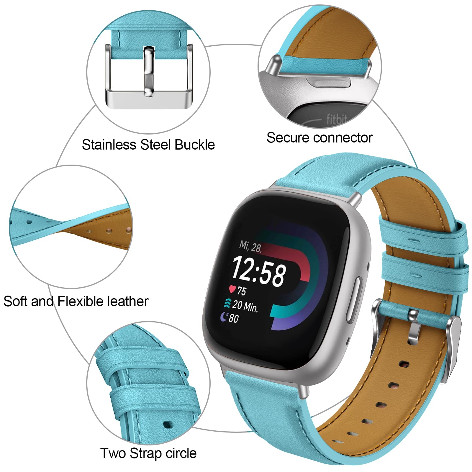 Bracelet Cuir Pour Fitbit Versa 4/3/Sense - Sangle Adjustable Homme Femme Avec Boucle Métal