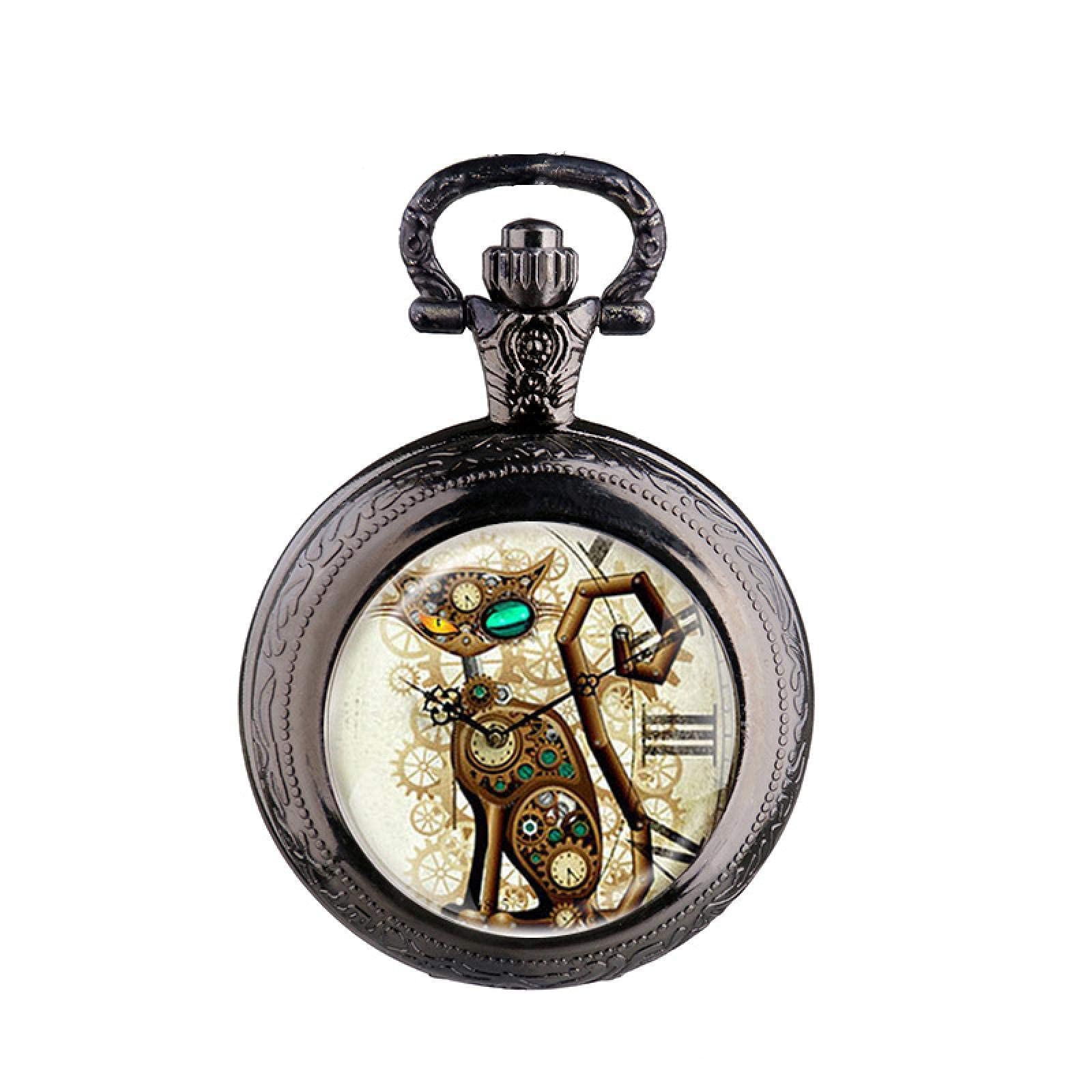 Relojes de Bolsillo, Vintage Steampunk Gato medallón Collar Bolsillo Reloj Colgante Regalo(Black)