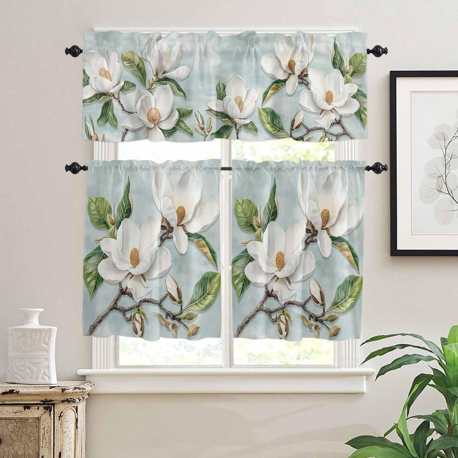Botanical Flowers Kitchen Curtains 36 Inch Length, 3 Piece Rod Pocket Small Half Tiers and Valance Set, Country Magnolia Leaves Branches Small Large Window Treatment Decor for Bedroom/Bathroom Sink