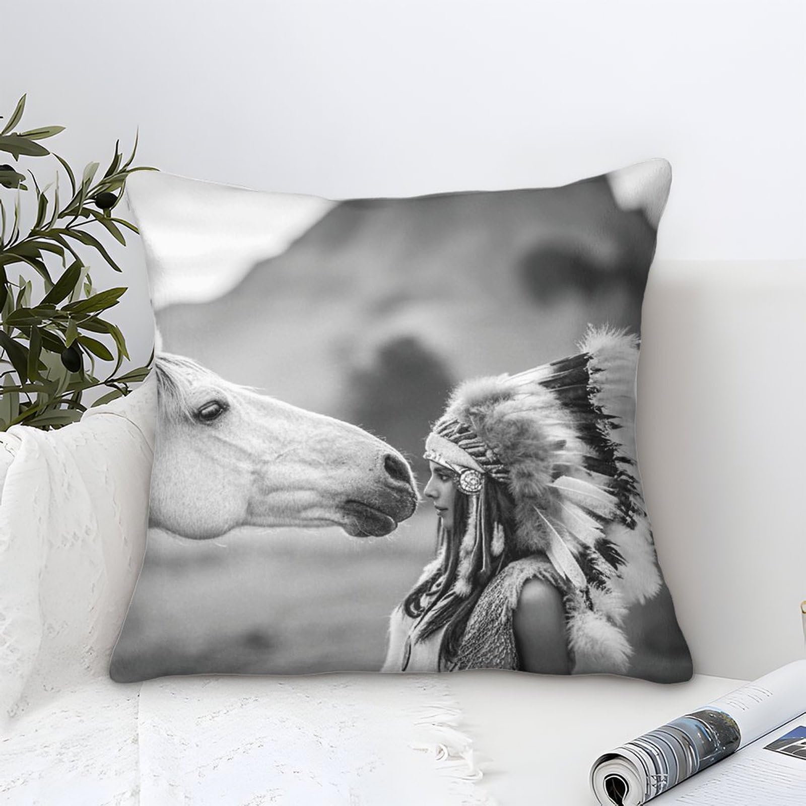 LILIlaobiao Cushion Cover 45x45cm Native American, Microfiber Pillow Cover Decorative Mohican Horse Throw Pillows Farmhouse Decor for Home Cushion Case