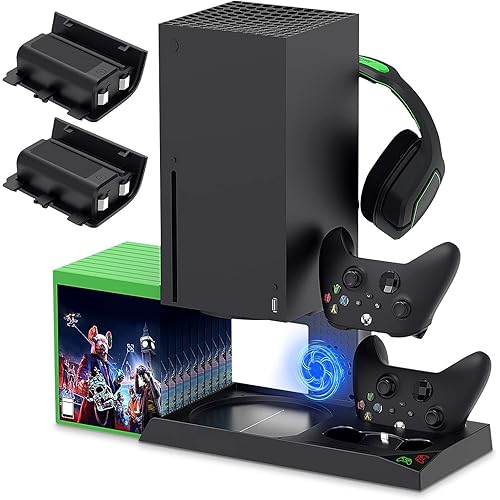 YUANHOT Vertical Cooling Stand Charging Station for Xbox Series X Console & Controller, Fan Cooling System for Xbox Series X Accessories with 1400mAh Rechargeable Battery, Headset Holder, Disc Storage