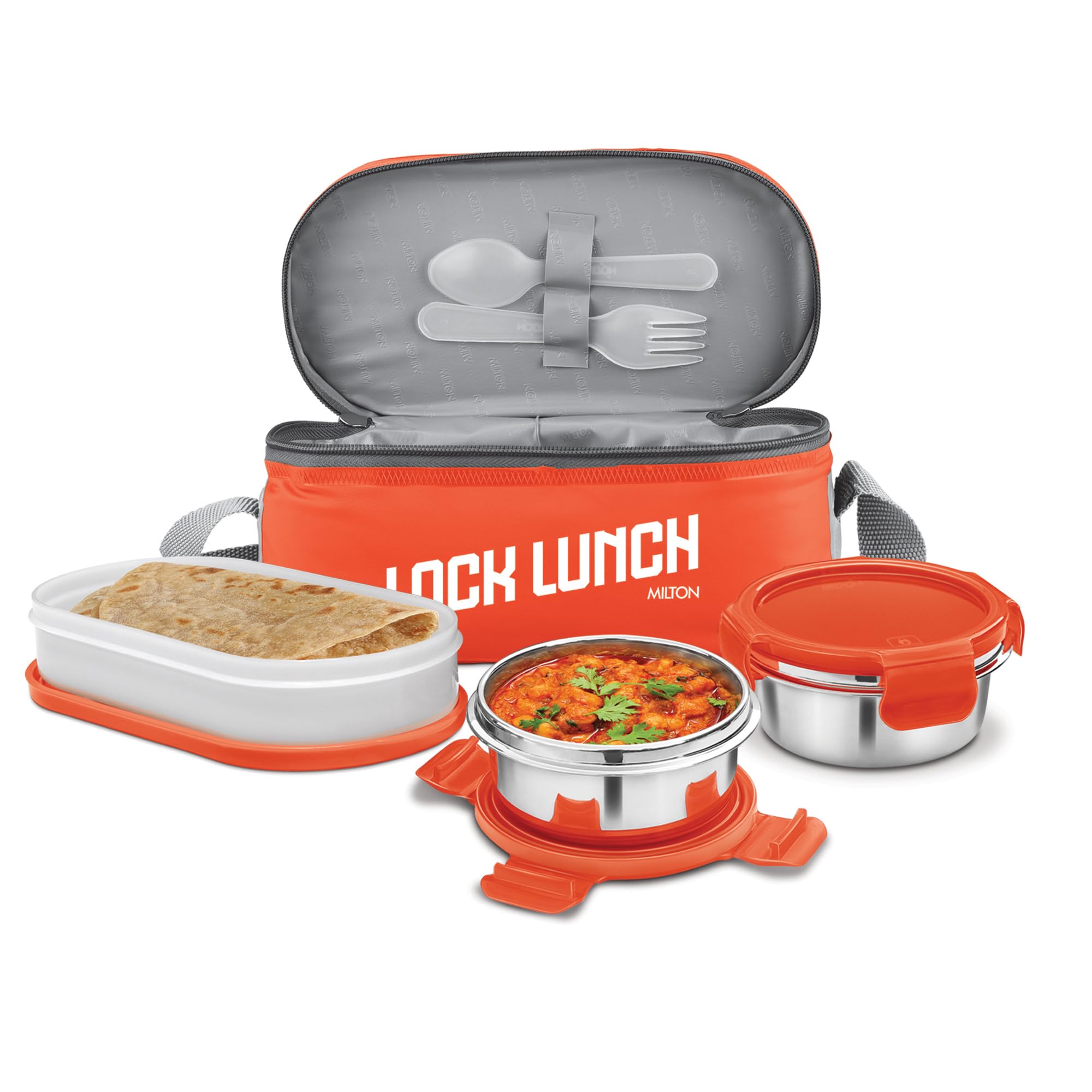 Milton Lock Lunch Box (2 Round Inner Steel Containers 320ml each, 1 Microwave Safe Oval container 450ml; Plastic Cutleries) With Insulated Bag, Orange,Leak Proof,Odour Proof, Easy to Carry, Food Grade