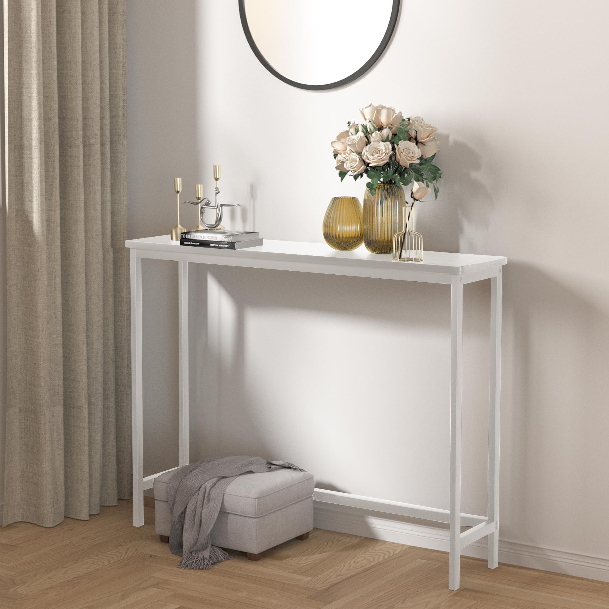 VASMIA Konsolentisch Schmal, 100 cm Bambus Beistelltisch, Flurtisch, Kleiner Ausstellungstisch, Sofatisch für kleinen Raum, für Eingang, Flur, Foyer, Wohnzimmer, weiß
