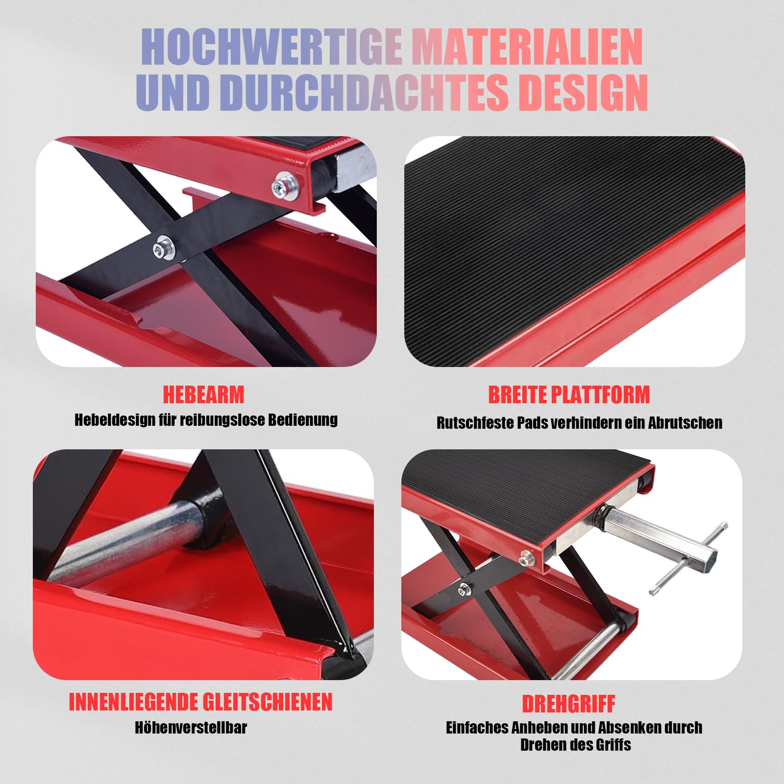 Sollevatore per moto – Piattaforma larga meccanismo di sollevamento a forbice, altezza di sollevamento 8,5 cm – 34 cm, portata 500 kg, per moto, biciclette, fuoristrada
