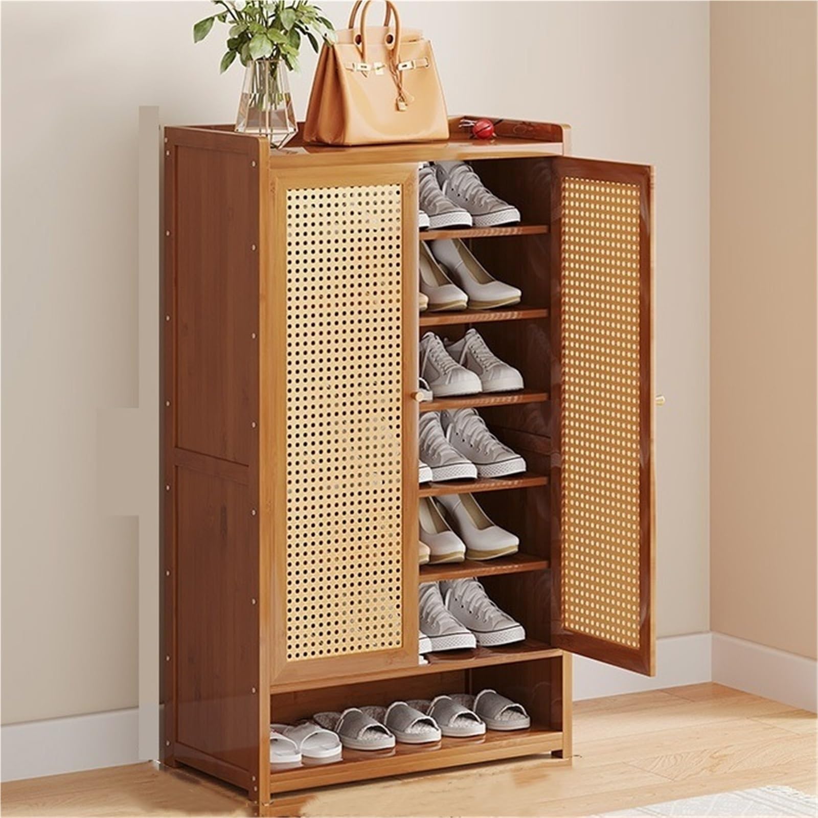 IvyLoutish Bamboo Shoe Cabinet with Doors & Open Storage Freestanding Shoe Rack Shoe Storage Organizer Shoe Shelves for Entryway Hallway,Freestanding Organizer