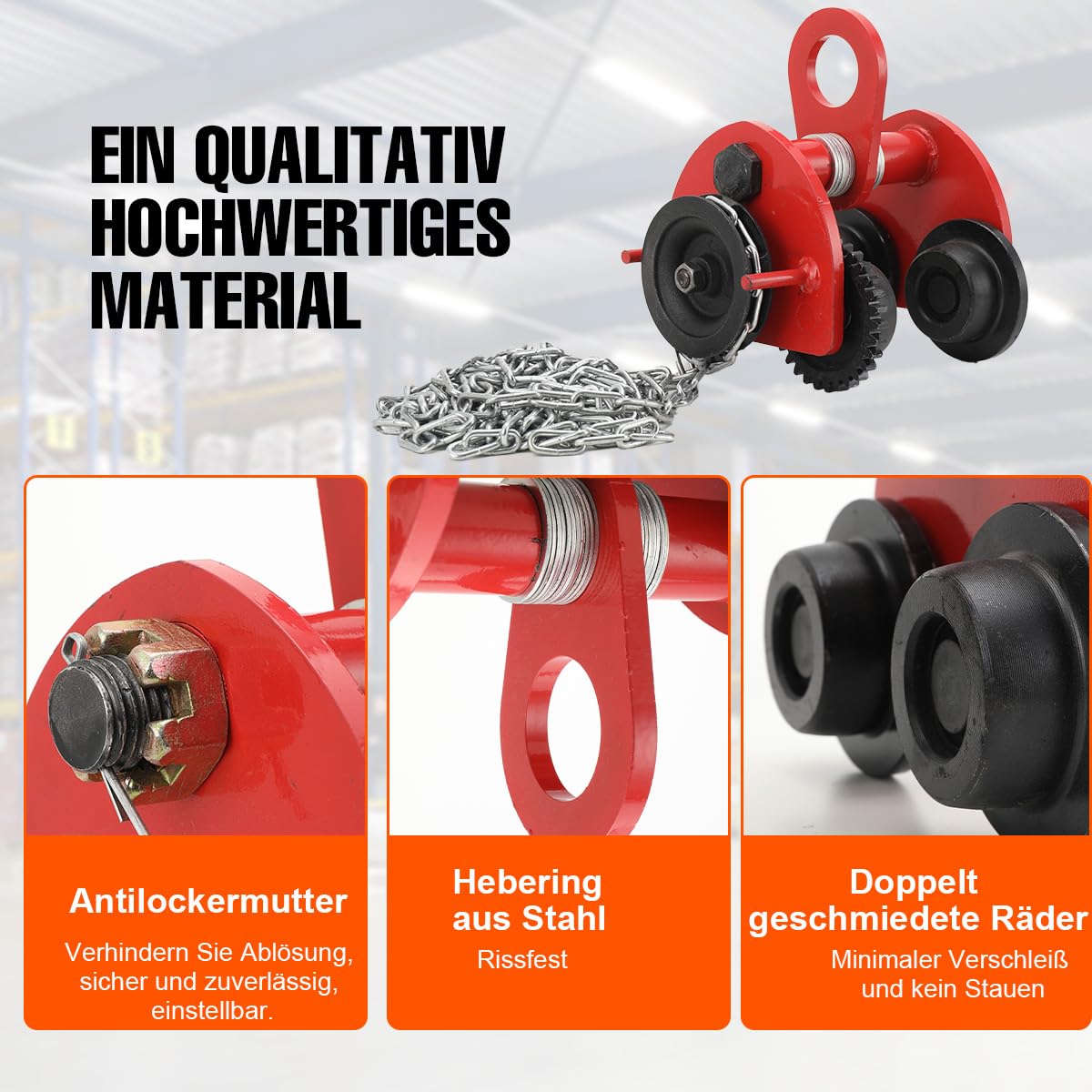 Rollfahrwerk 2000 kg Kranfahrwerk Laufkatze 80~168mm Handfahrwerk Handlaufkatze Seilwinde Kettenzug Hallenkran Haspelkette Kran Für Haben, Be- und Entladen von Materialien, mit 3m Kette