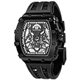 Watch for Men, 50M Waterproof Automatic Mens Watch, Skeleton Mechanical Tonneau Big Face Dial Black Watch with Silicone Watch Bands, Gifts for Men