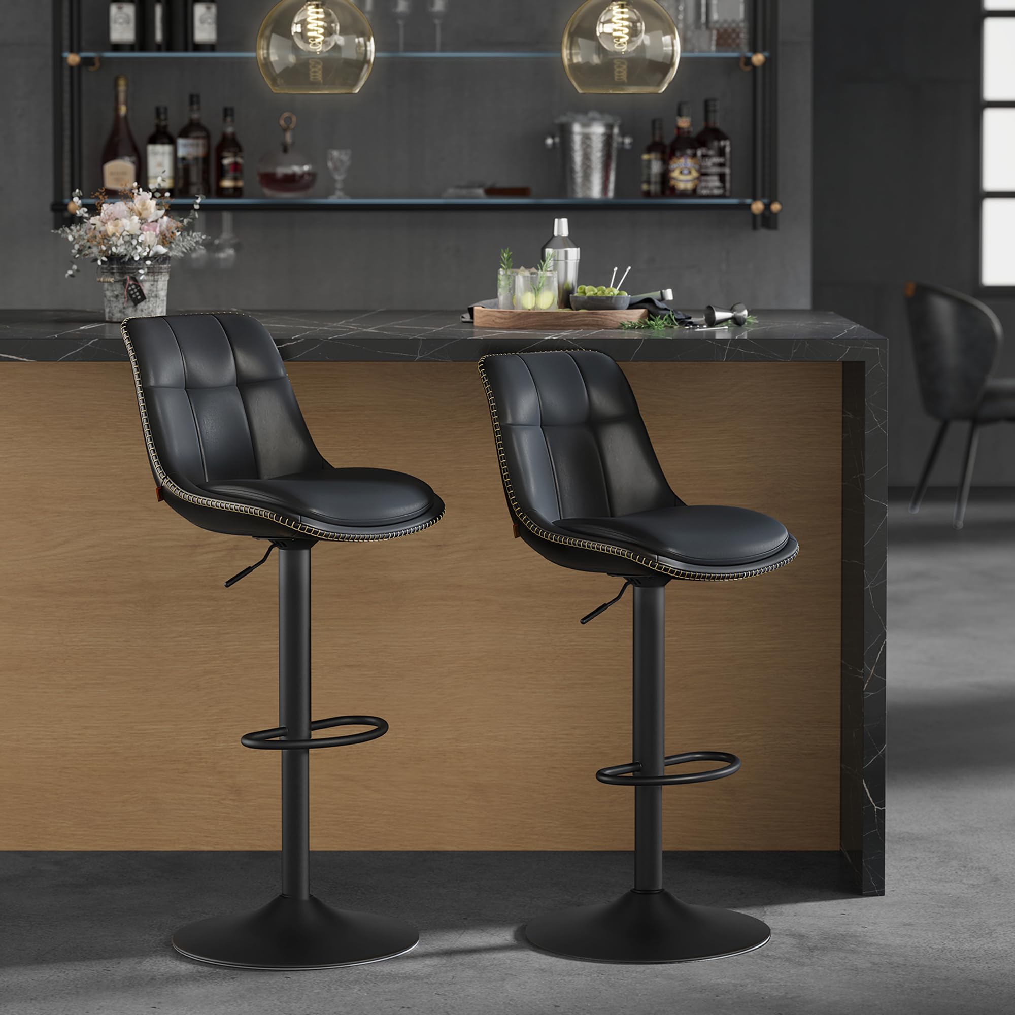 VASAGLE Bar Stools Set of 2, Height Adjustable Swivel Kitchen Stools, Quilt, Synthetic Leather Bar Chairs with Back and Footrest, Dining Room, Counter, Steel, Ink Black LJB095B88 โ image 1