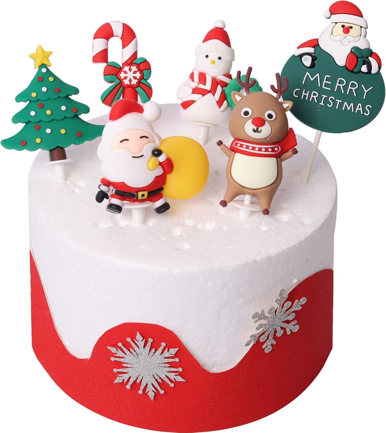 Pack of 6 Santa Claus Merry Christmas Cake Decoration Resin Small Figure Stick - Snowman, Deer, Tree for Holiday Party Theme โ image 1