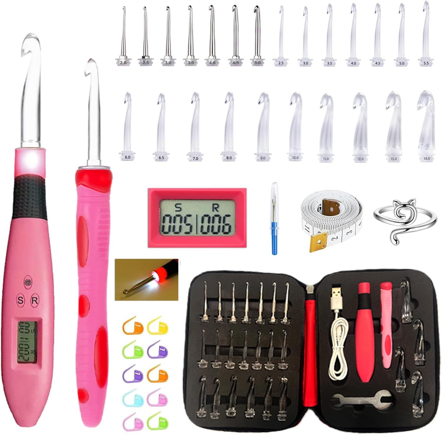 Light Up Crochet Hooks Set-Crochet Hooks Set Digital with 24 Interchangeable Crochet Kit,Lighted Crochet Hooks with 2 Levels Led,Beginner Knitting Kit for Stitch & Row Counter