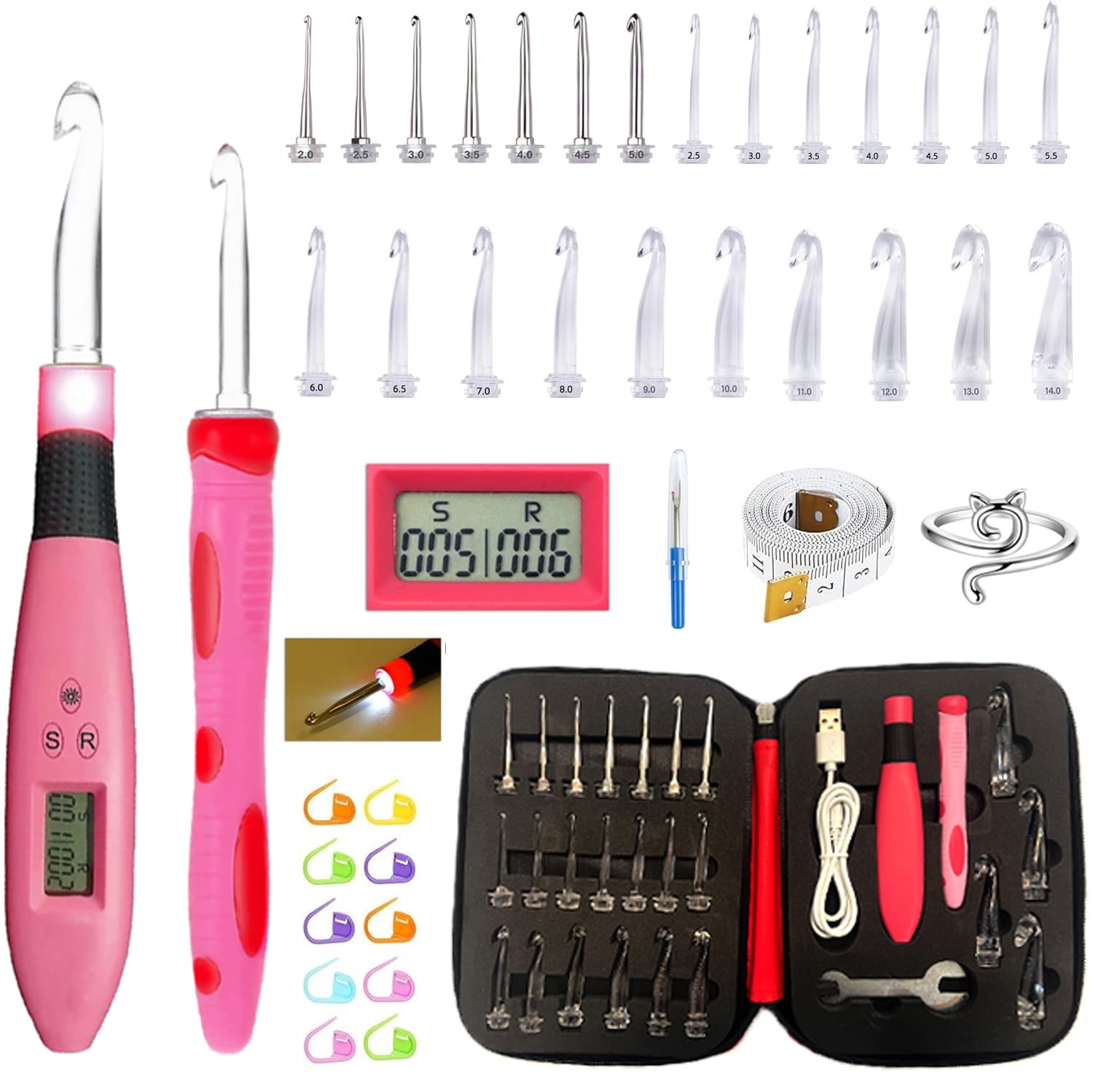 Juego de agujas de ganchillo iluminadas, juego de agujas de ganchillo digitales con 24 kits de ganchillo intercambiables, ganchos de ganchillo iluminados con 2 niveles LED, kit de punto para