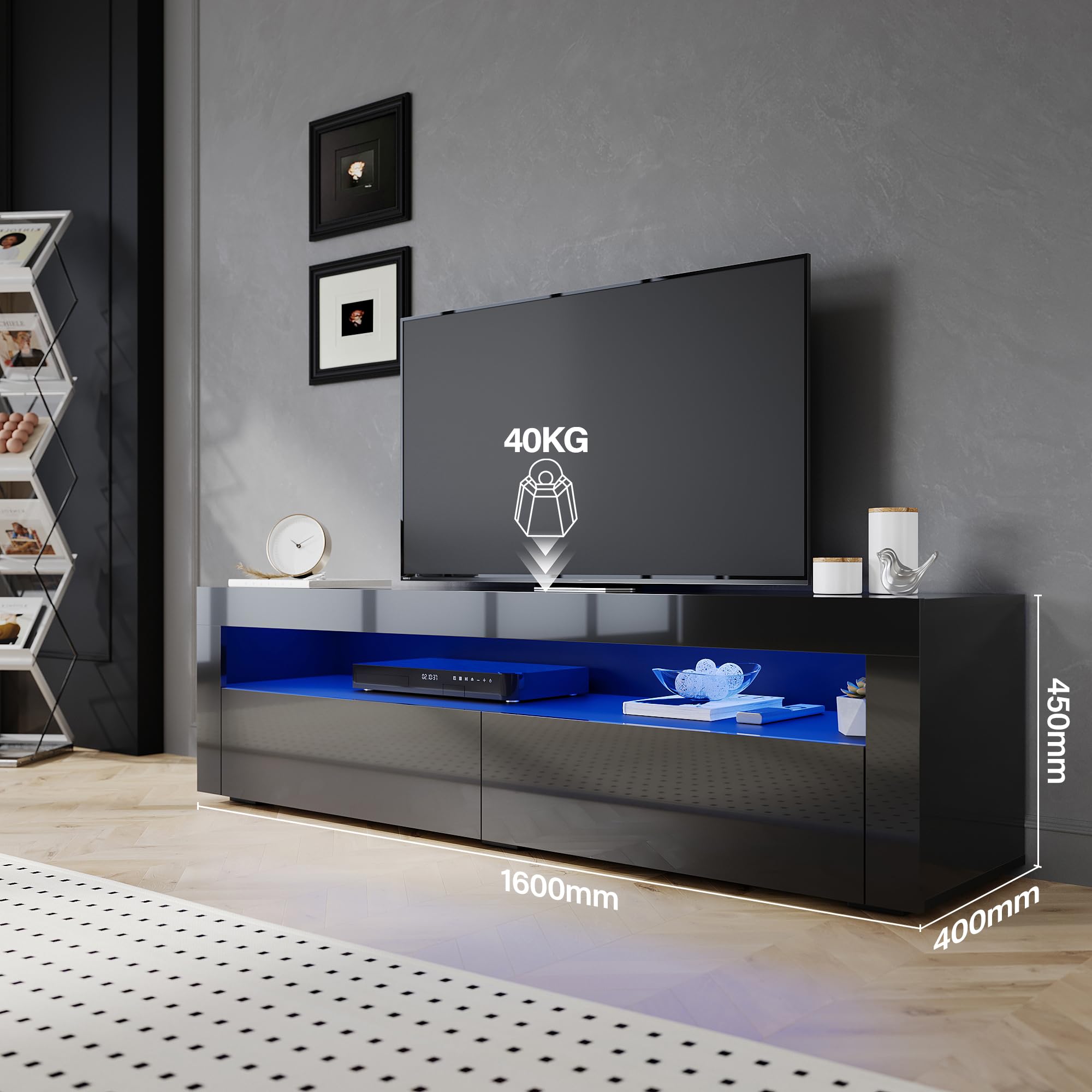 SIRHONA Meuble TV Noir, Meuble Tele avec LED, Éclairage LED RGB avec Couleur réglable, 2 Placards avec Portes, 160x40x45cm, Convient pour Salon ou Chambre