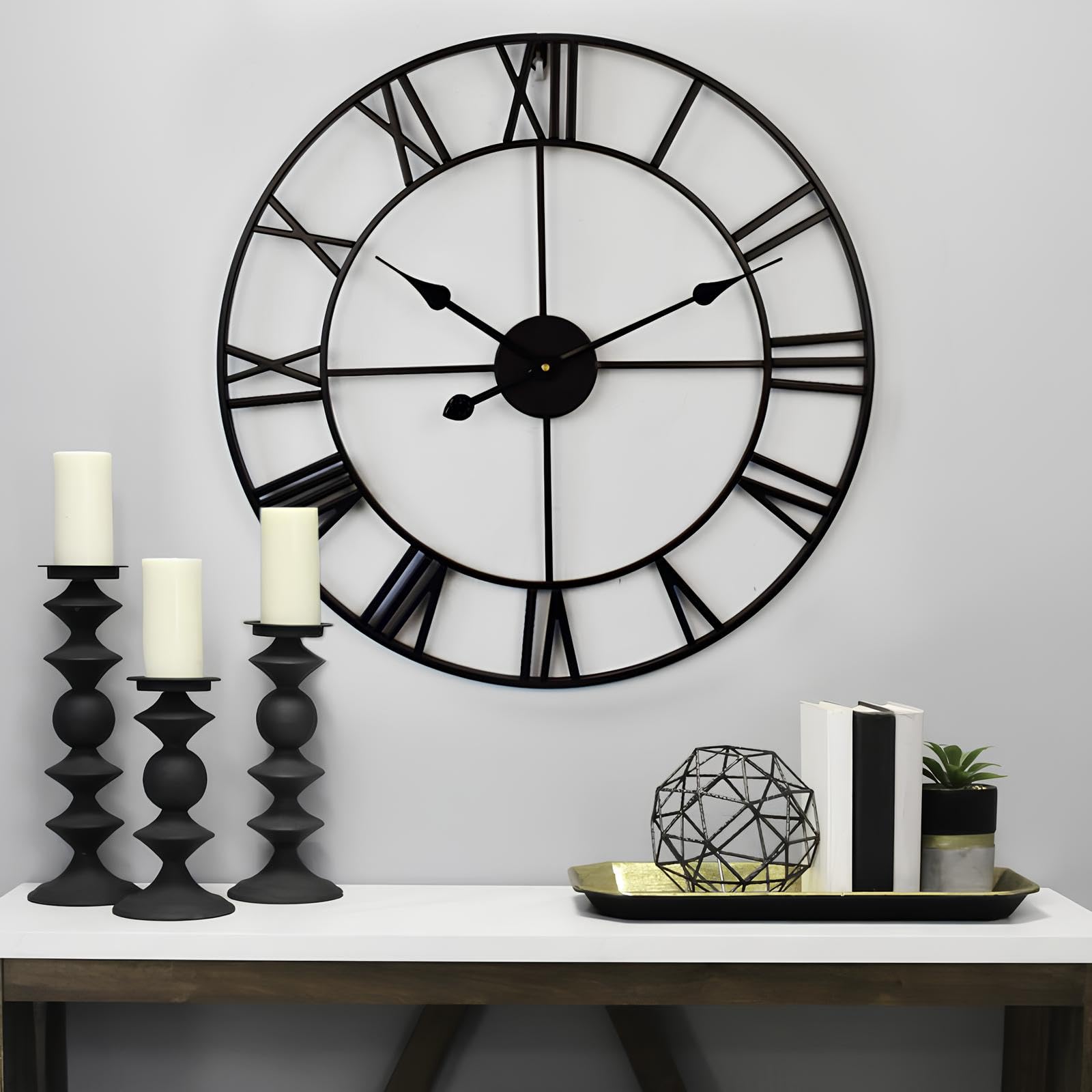 Grande orologio da parete in metallo 80 cm, nero, design moderno silenzioso, stile europeo minimalista per casa o ufficio