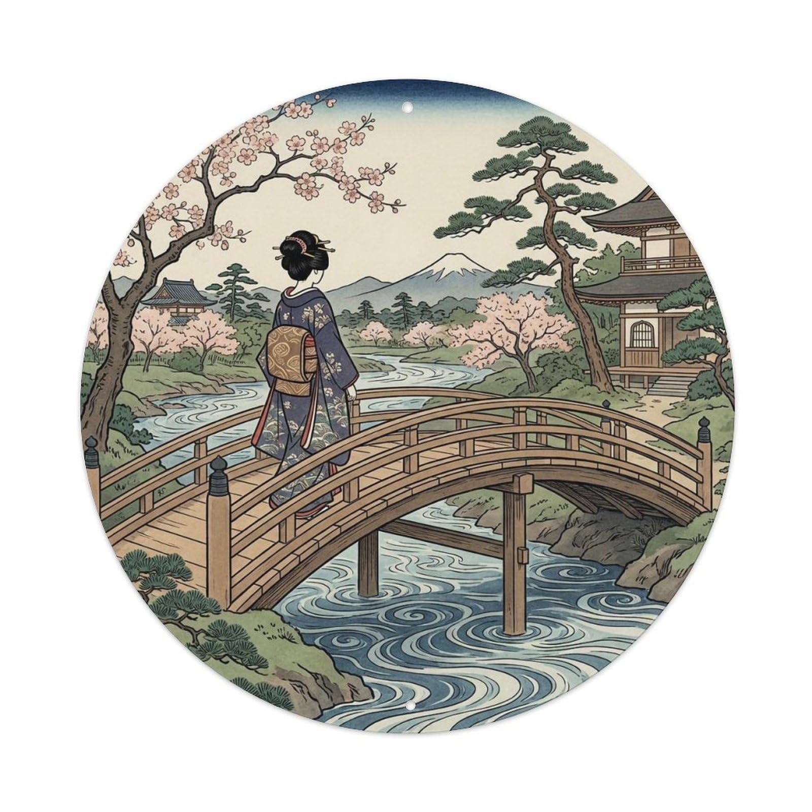 Yrnq 8X8inch Vintage Style Japanese Geisha Wooden Bridge Stream Flowing Water Metal Tin Sign