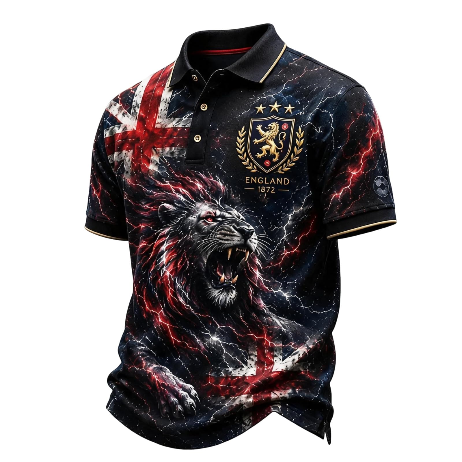 England Football Shirts Lion Print Short Sleeve Polo Shirt for Supporters of Football Casual National Flag Print Button Down Collar Top Outdoor Sports Shirts for Men Red XXXXXL