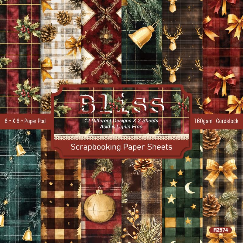 Christmas Scrapbook Paper Pad,6"×6” Single-Sided Decopodge Craft Cardstock Paper, Scrapbooking DIY Decorative Background Cardmaking Supplies 24 Sheets 12 Designs