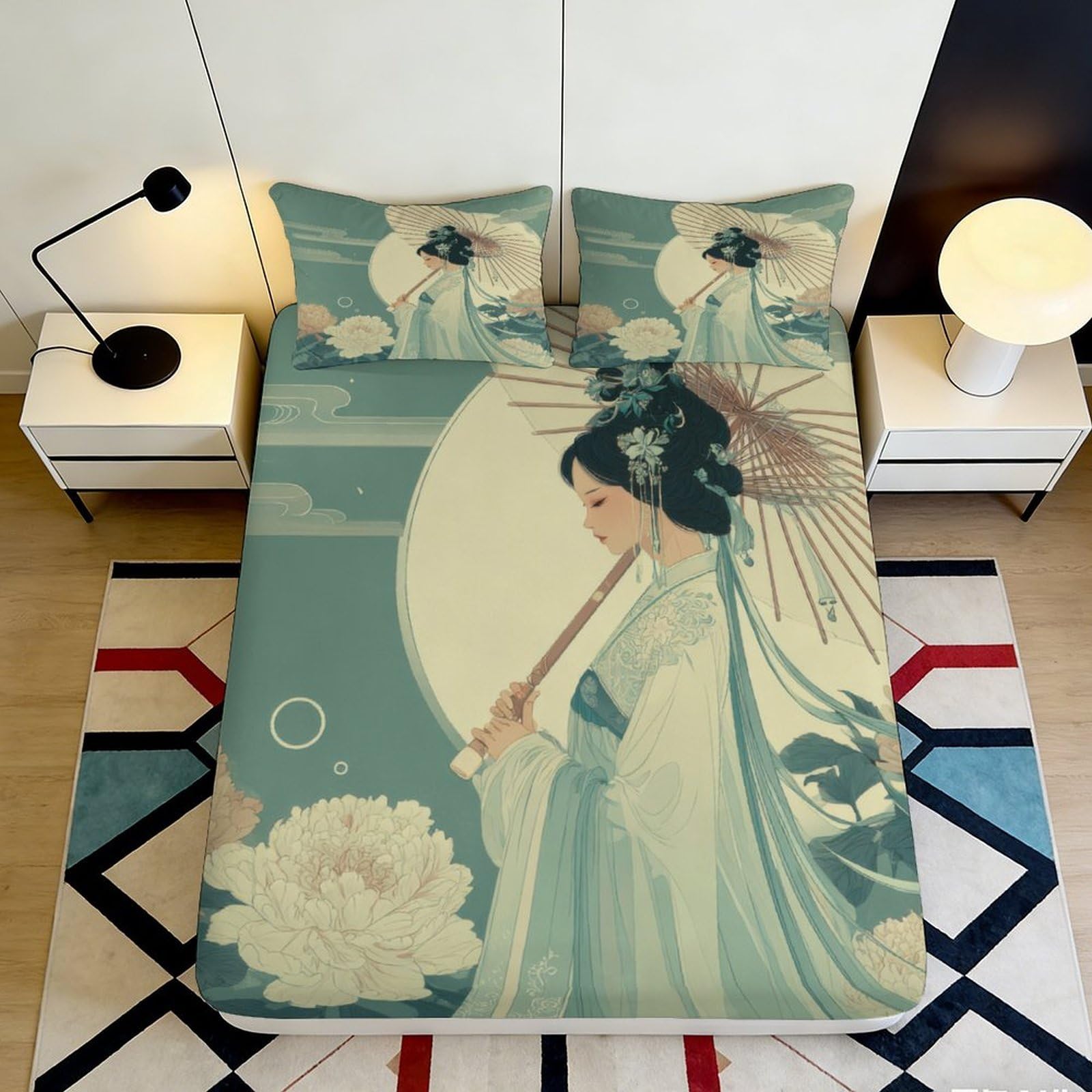 3D Printed Chinese Lady Parasol Fitted Sheet Microfiber Elegant Peony Mattress Cover Machine Washable for Bedroom Decor 140x200x25cm