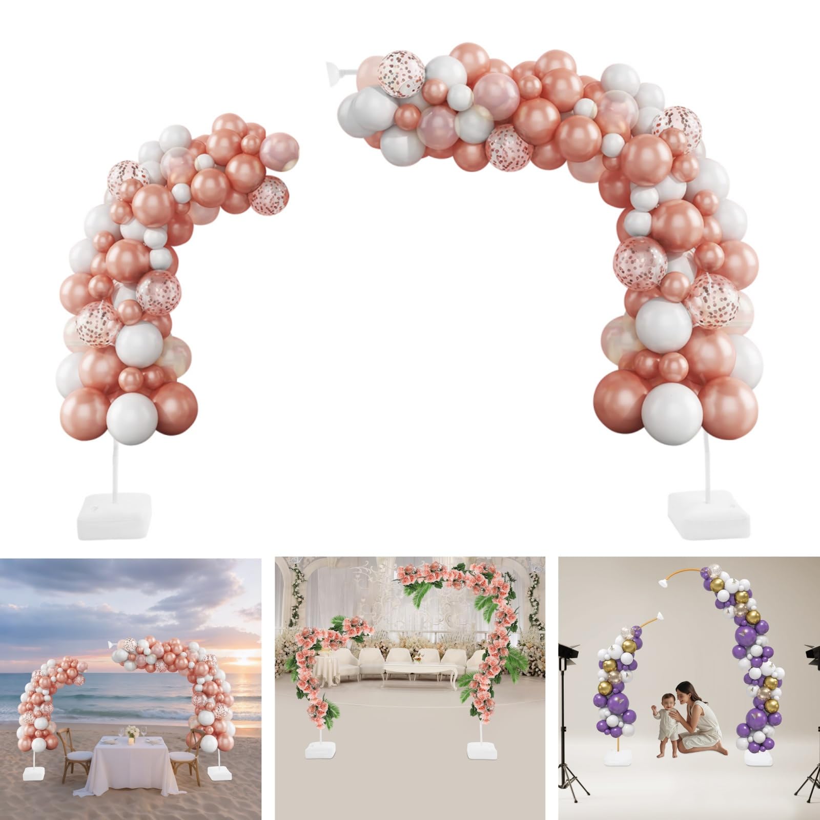 Kit di arco per palloncini, 2,5 m e 1,5 m, forma semi-arco, pieghevole, con pompa indipendente, manuale, telaio ad arco e supporto per colonna, per matrimoni, feste di compleanno (bianco)