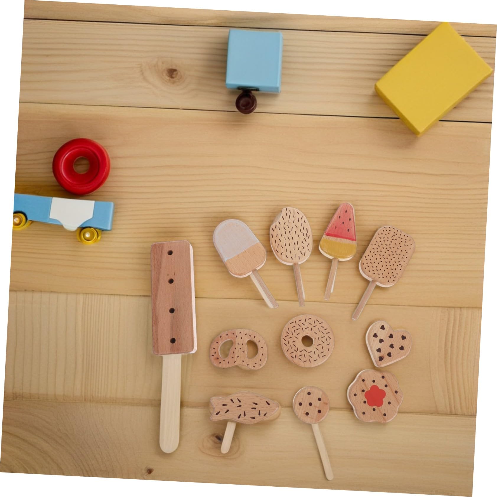 VANZACK Giocattolo di Finzione per Ragazzo Ragazza Gelato e Ciambelle in Legno Set da Cucina Simulato Accessori per Giochi di Ruolo Cibo Finto Educativo per Cucina Giocattolo