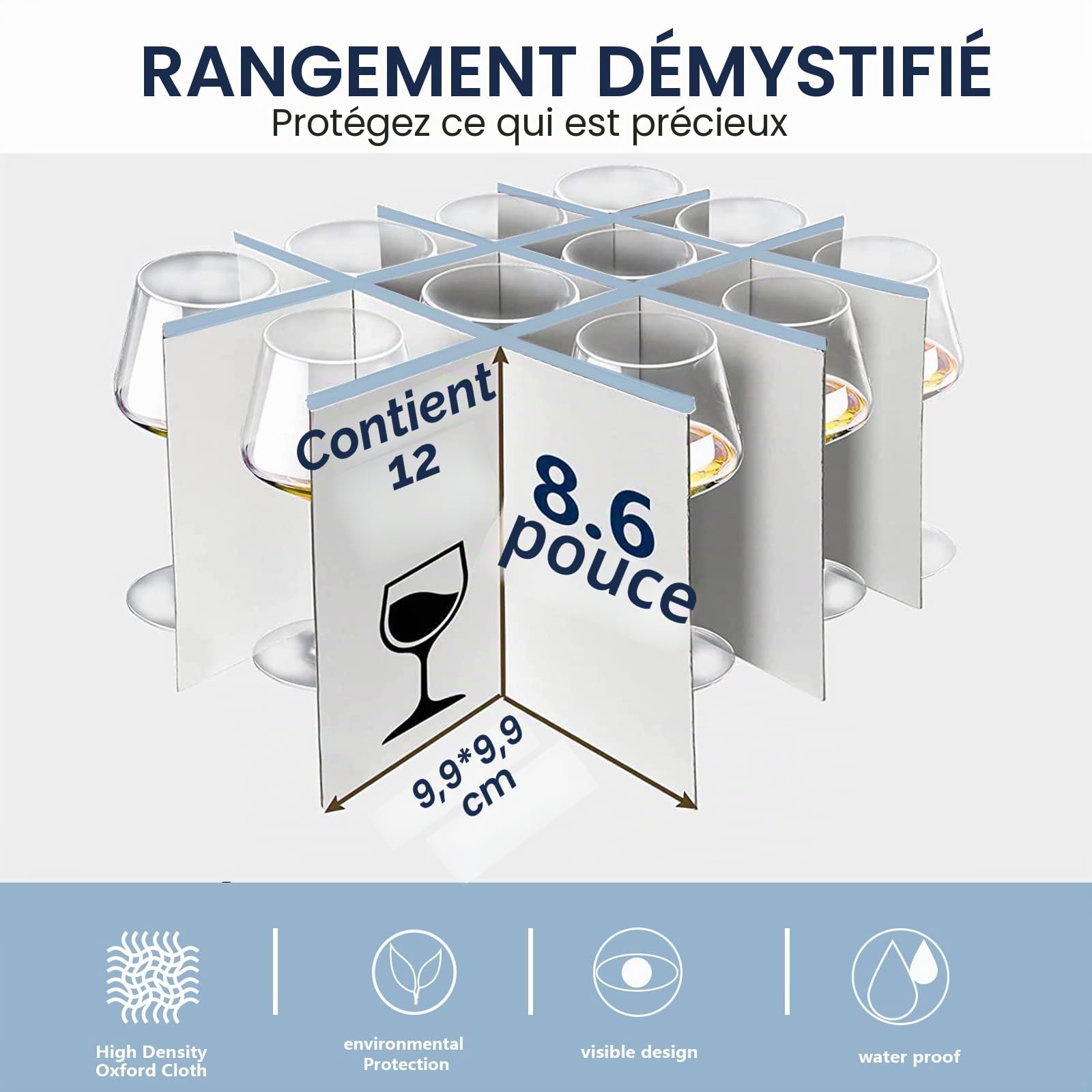 Lot de 2 boîtes de rangement pour verres à vin, porte-verres à pied, mallette en tissu portable avec 12 séparateurs pour verrerie en cristal, cuisine, camping, fête, voyage, caravane (gris)