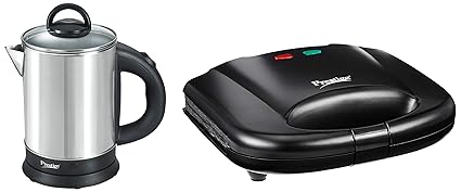 Prestige PKGSS 1.7L 1500W Electric Kettle (Stainless Steel) + Prestige PGMFB 800 Watt Grill Sandwich Toaster with Fixed Grill Plates,Black