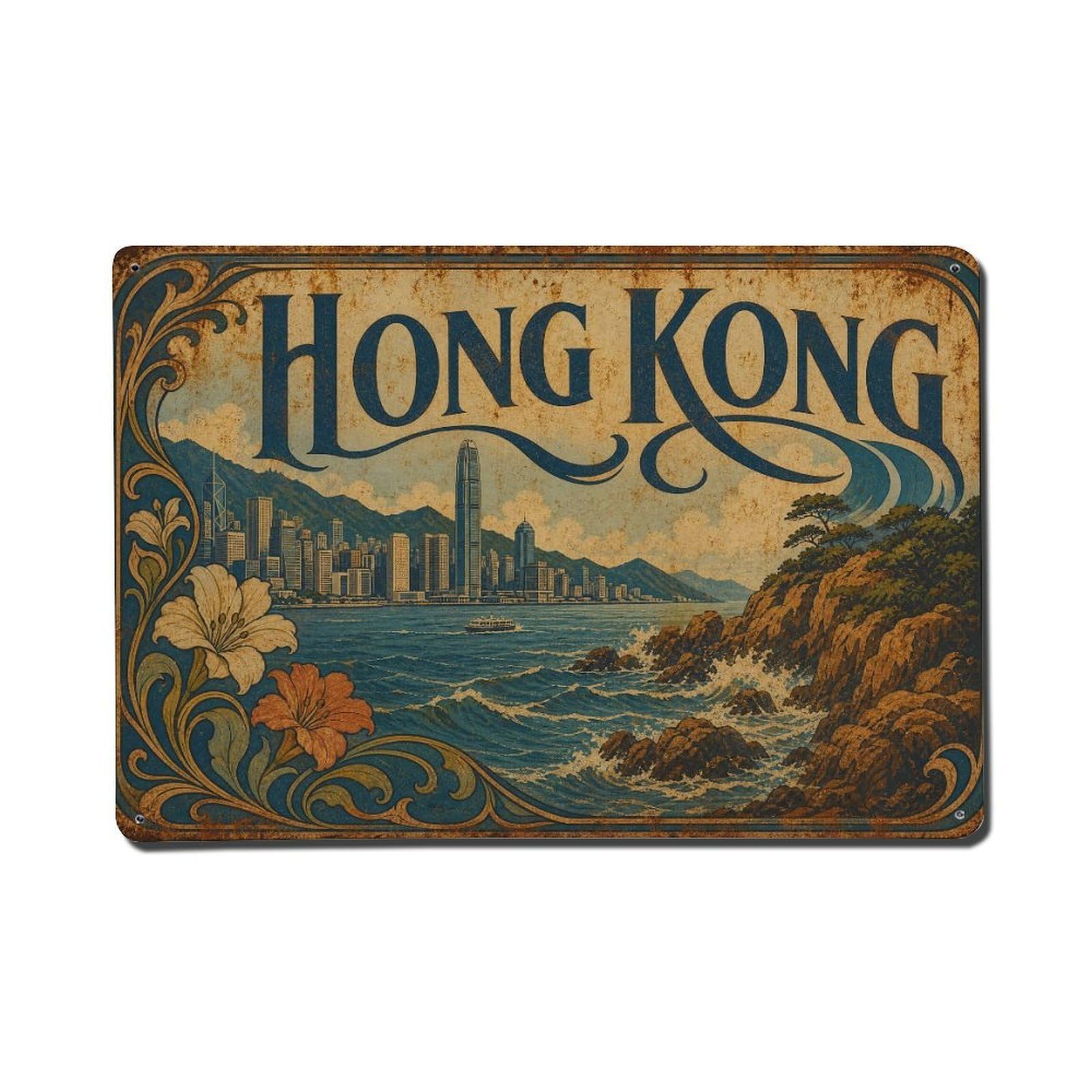 Metal Tin Sign Vintage Travel Hong Kong Coastal