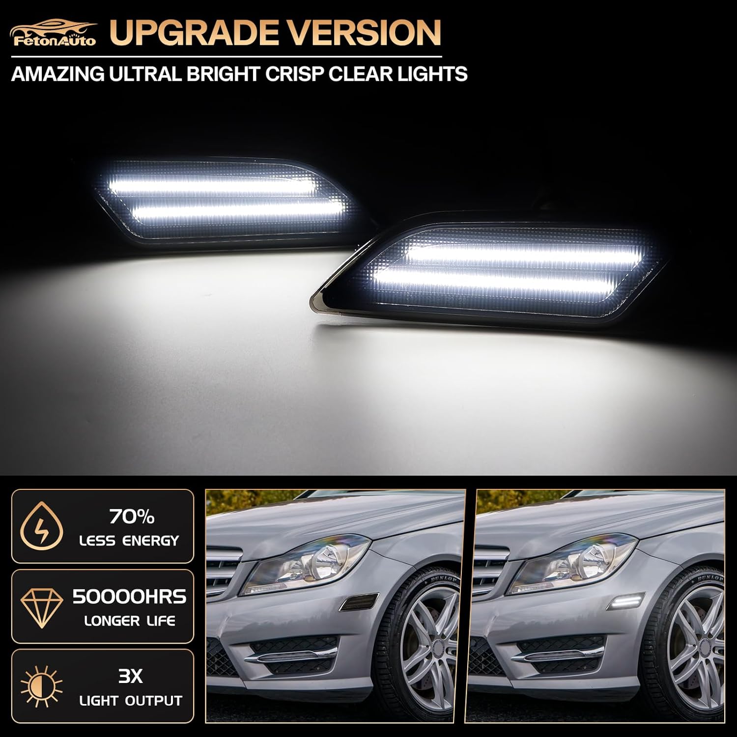 LED Side Marker Lights For 2012-2014 Mercedes Benz W204 LCI C250 C300 C350 C-Class Sedan Coupe, 2PCS Smoked Lens White Front Fender Indicator