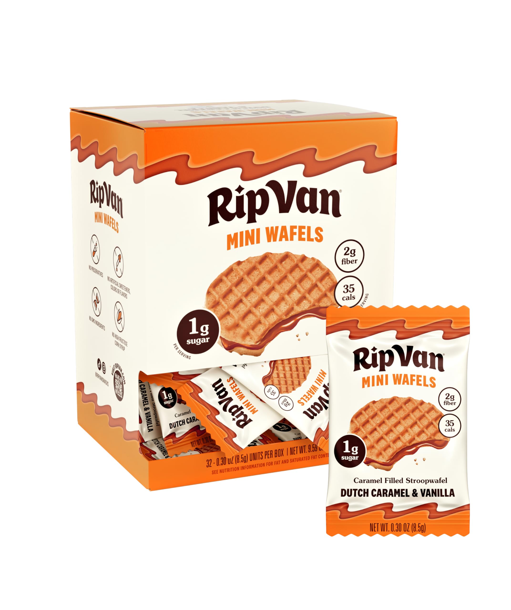 Rip Van Wafels Dutch Caramel Mini Stroopwafels, Low Carb Snacks, Non GMO Snack, Keto Friendly, Office Snacks, Low Calorie Snack, Low Sugar, 32 Pack