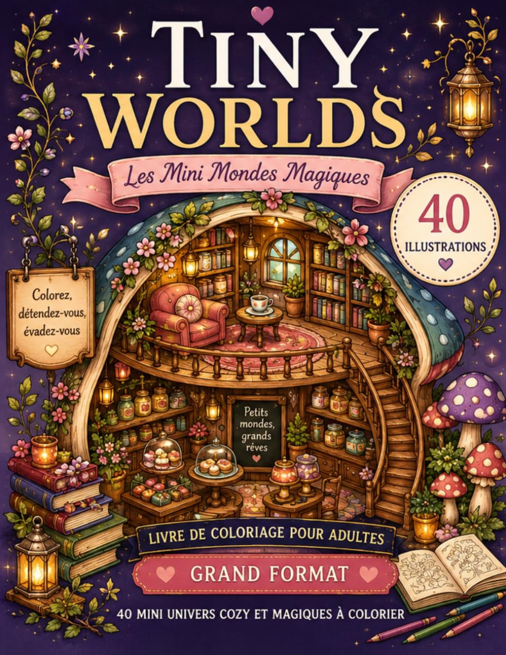 Coloriage Tiny Worlds: 40 mini mondes magiques à colorier | Illustrations détaillées de maisons féeriques, cafés cosy, villages enchantés et univers fantasy relaxants anti-stress