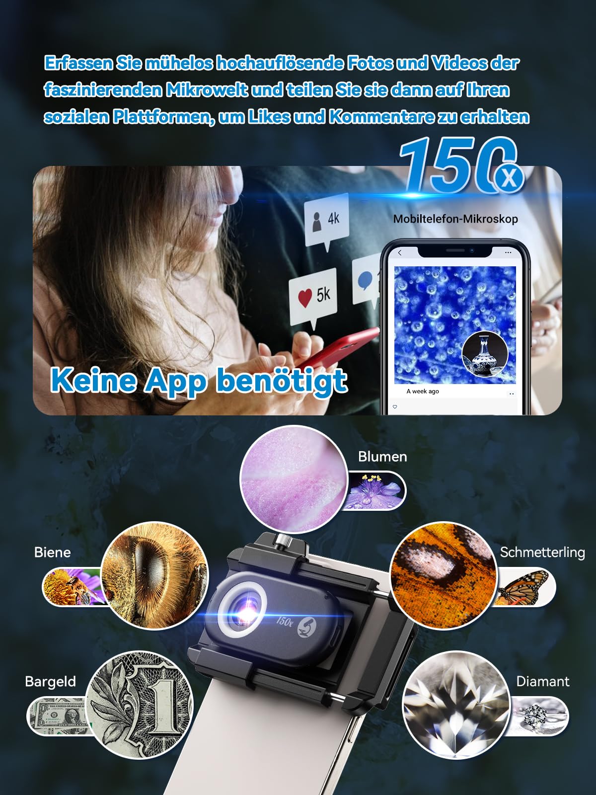 APEXEL 150X Mini-Mikroskop für Smartphone-Kamera, Handy-Mikroskop