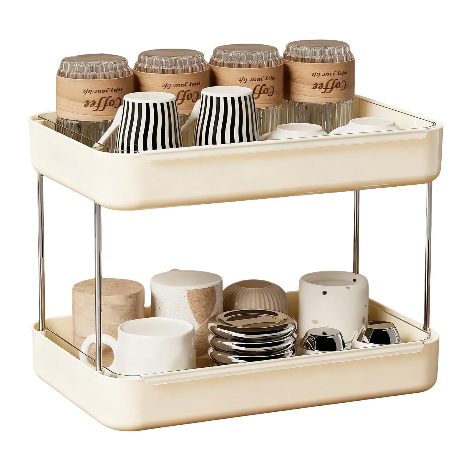 U-HOOME 2 Tier Coffee Station Organizer, Mug Holder with Drain Tray for Coffee Bar Accessories,Mugs Cup Drying Rack,Kitchen Counter Shelf Organizer,Spice Rack,Bathroom Countertop Organizer (White)