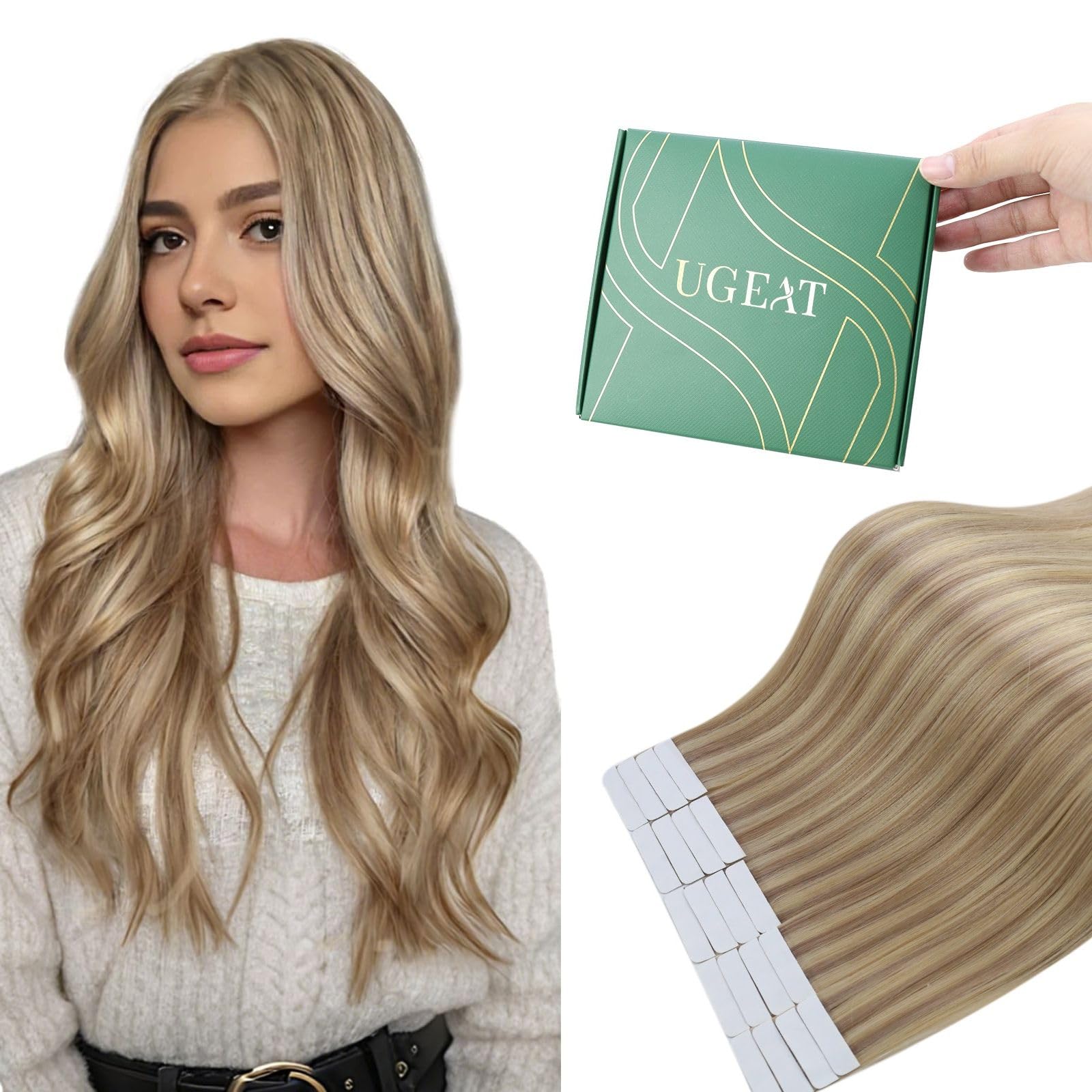 Ugeat Echthaar Tape in Extensions 50 cm Dunkel Aschblond Echthaar Extensions Tape Goldblond mit Braun Highlights Haarverlängerung Echt Haar 20 Stück 50G 16/22