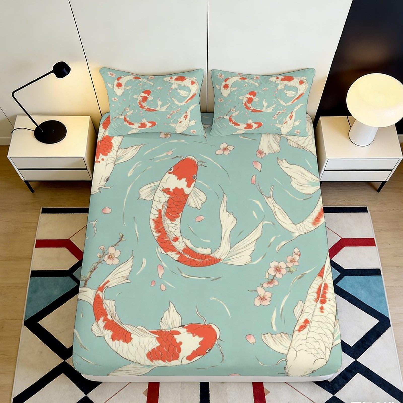 3D Printed Koi Fish Fitted Sheet Microfiber Soft Blue Japanese Blossom Mattress Cover for Bedroom Guest Room Decor 200x200x25cm