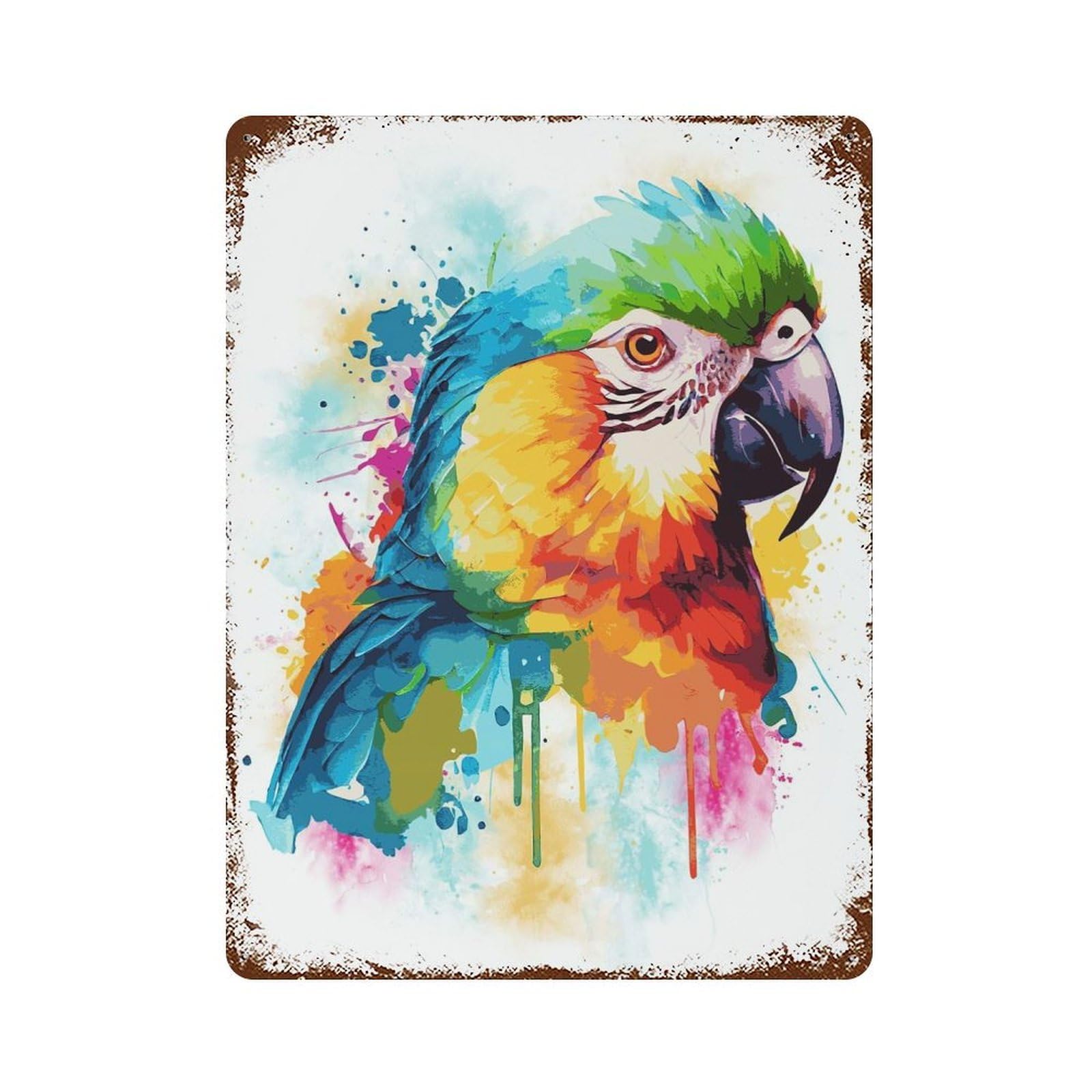 Abstract Parrot Painting Aged Metal Wall Plaque 15.7"x11.8", Old School Wall Decor for Garage, Pub Or Kitchen