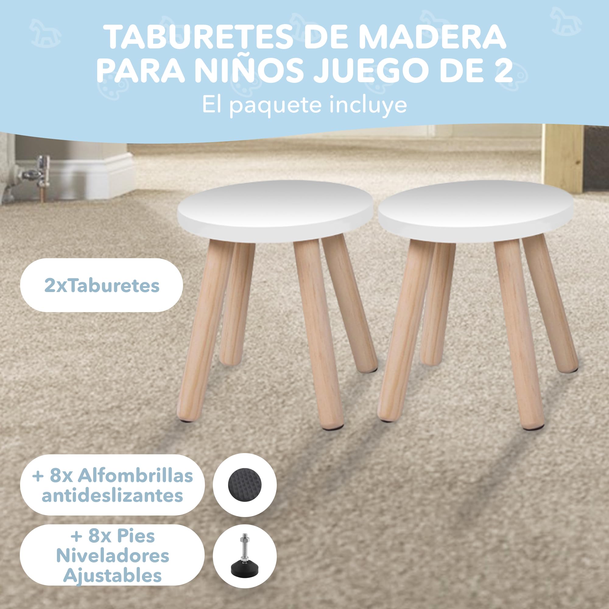 Cateam Taburete de Madera para niños y niños pequeños - Juego de 2 - Blanco - Silla para niños con Patas Extensibles - Taburete de Mesa sensorial - Taburete Redondo para niños con pies niveladores