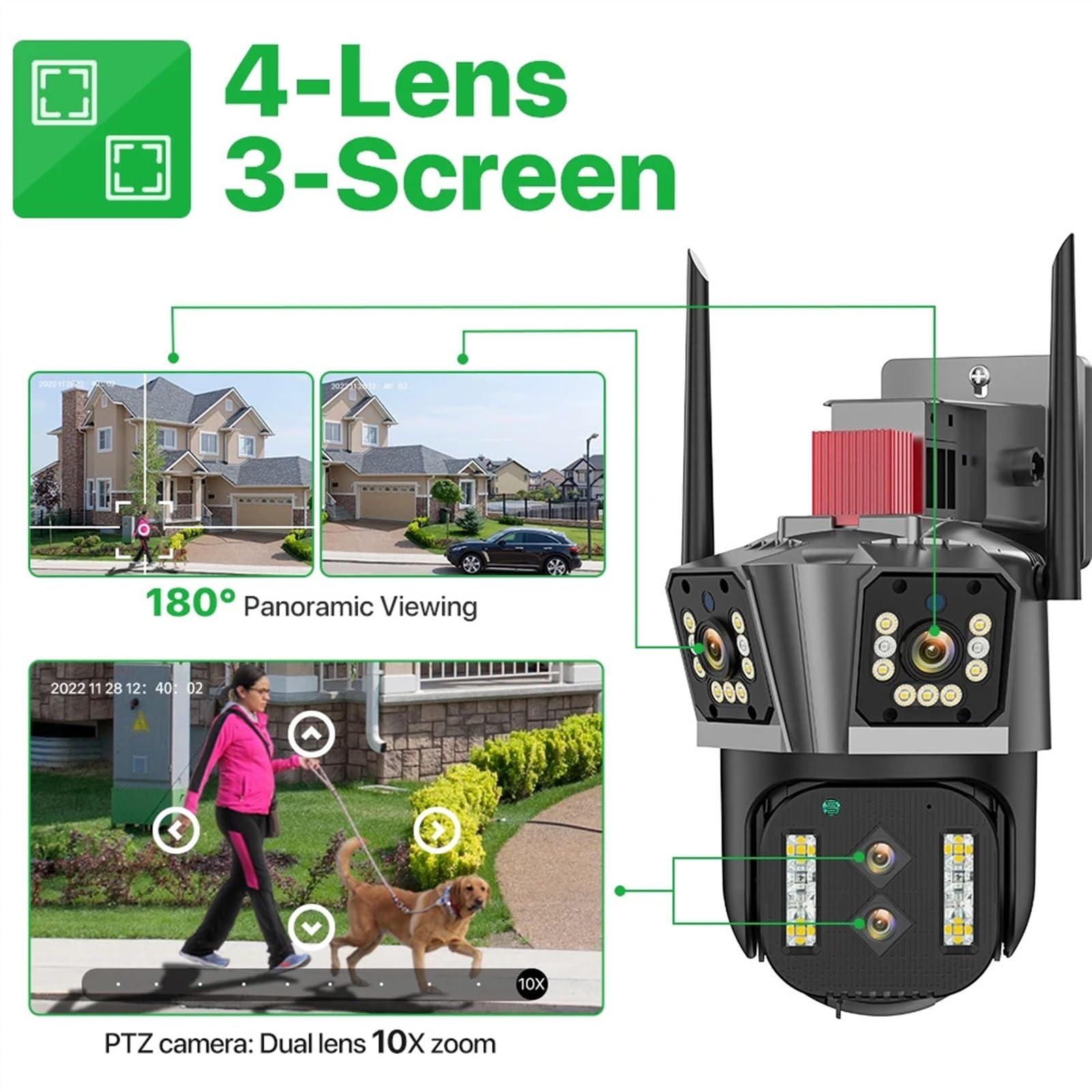 Kamera bezpieczeństwa, Kamera IP 6K HD zewnętrzna kamera PTZ z 10-krotnym zoomem cztery obiektywy trzy podwójny ekran 5K 12MP 16MP automatyczne śledzenie nadzór wideo(6K Add 128G Card)
