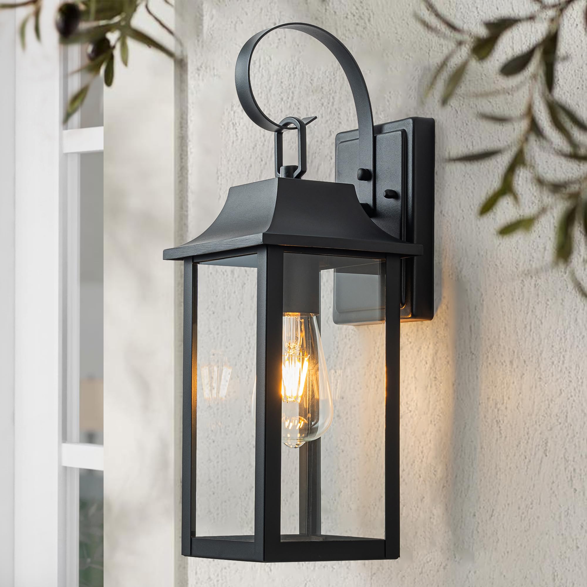 FTL Lampada da Parete E27 Esterno, Grande Portico Applique da Parete, Nero Luci da Esterno a Parete, 60W Max Vintage Lampade Lanterna da Esterno con Vetro, IP44 Impermeabile Luci da Esterno Giardino