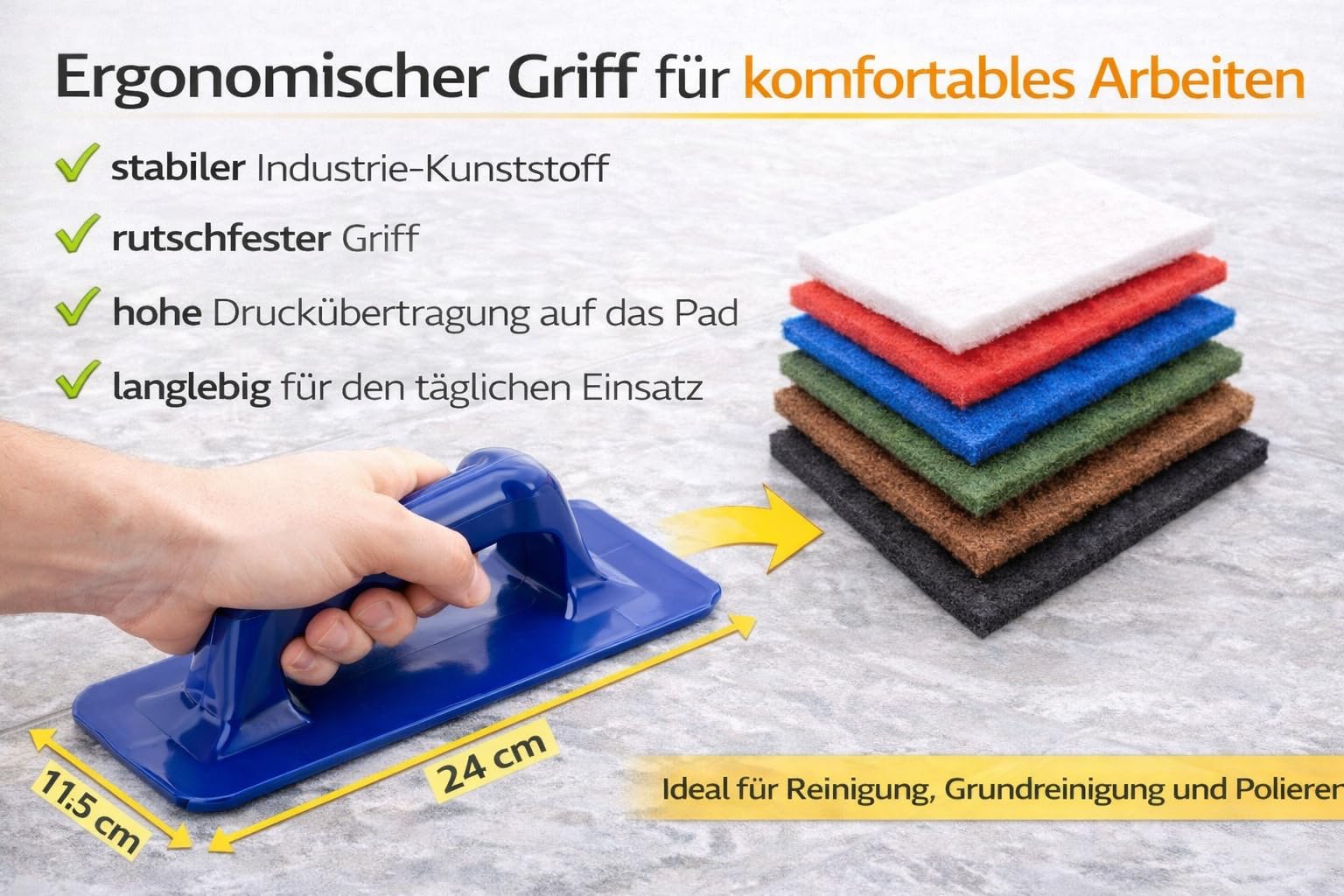 Handpadhalter 24 cm Blau für Reinigungspads – Handhalter für manuelle Boden- und Oberflächenreinigung, ergonomisch und robust, kompatibel mit gängigen Handpads
