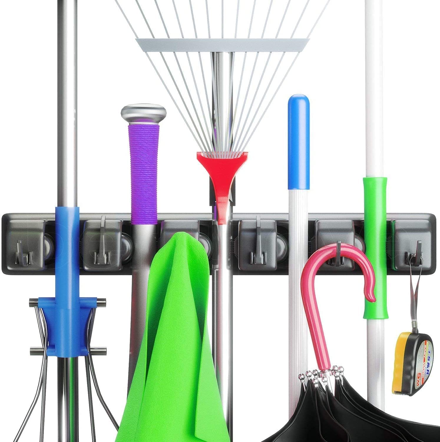 Home Stuffs Plastic Mop And Broom Holder Wall Mount, Heavy Duty Broom Holder Wall Mounted Or Tool Organizer For Home Garden Garage And Storage (5 Positions With 6 Hooks, multi)-image-36