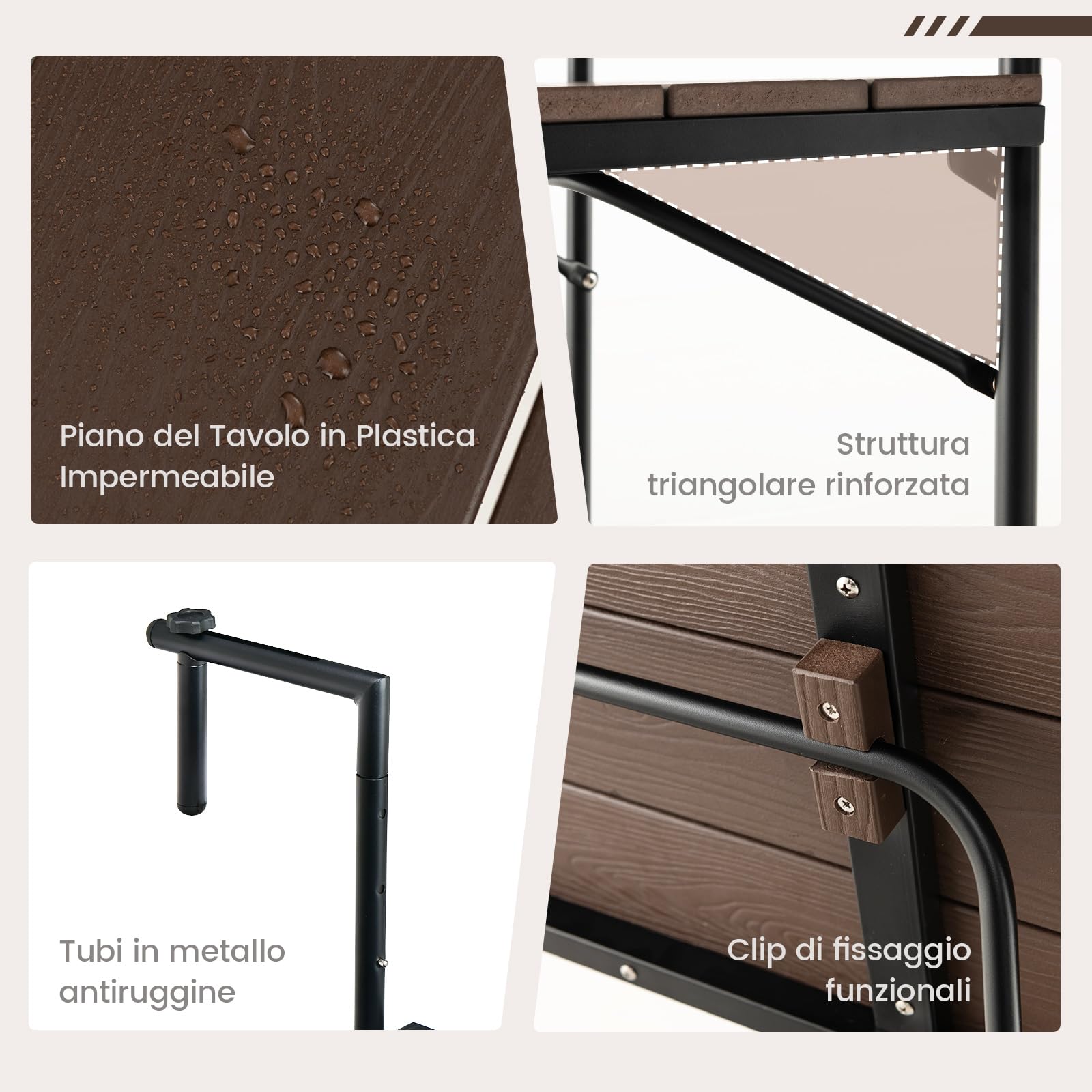 COSTWAY Tavolino Pieghevole da Balcone, Regolabile in Altezza, Tavolo da Appendere Adatto a Ringhiera da 3-15 cm, 62,5x60x84 cm, per Giardino Esterno Terrazzo (Marrone)