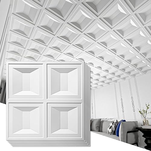 Art3d Azulejos de techo de caída 24x24, 12 hojas de PVC decorativos de pegamento para paneles de 2 x 2, color blanco
